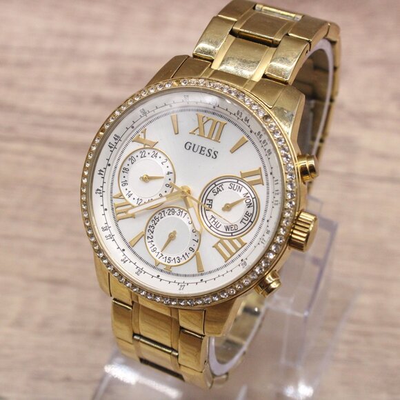 Guess Chronograph Unisex Womens Gold Stainless Steel Rhinestones Mother Of Pearl - Picture 1 of 9